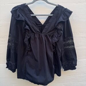Anthropologie Black Eyelet Lace Top Ruffle V-Neck Balloon Sleeve Blouse Medium